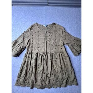 Country Living Olive Green Eyelet Embroidered Babydoll Tunic Top Large Womens